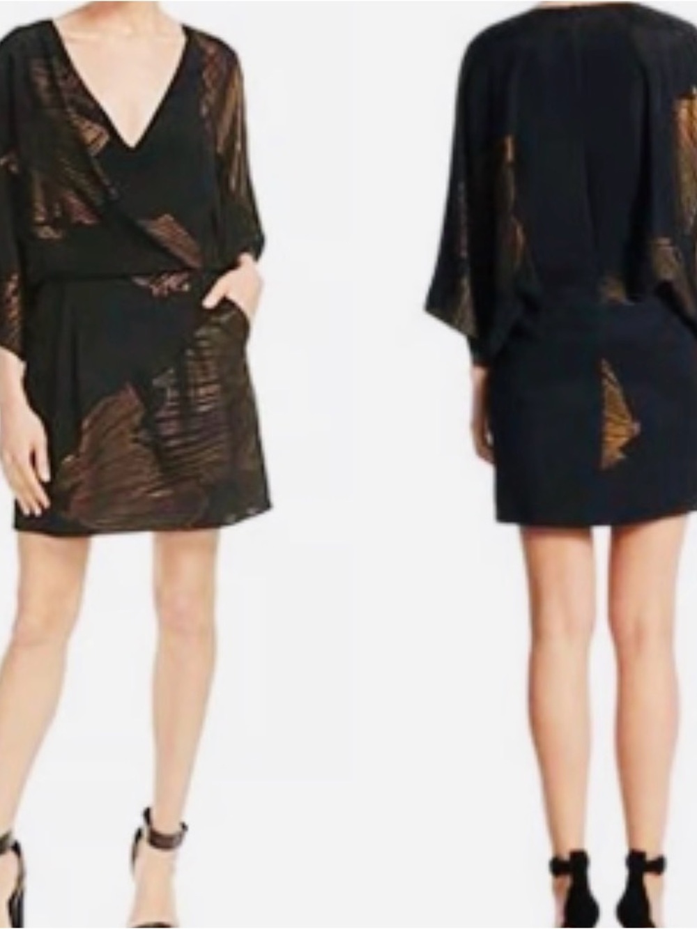 Halston Heritage Black & Gold Kimono Sleeve Mini Dress With Abstract Print Sz 14